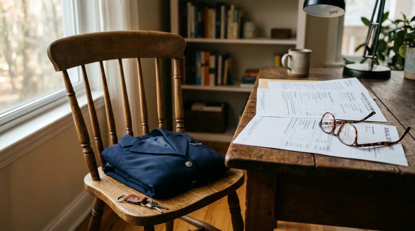 Uniforme et documents de retraite posés sur un bureau