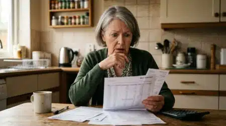 Femme senior inquiète face à ses factures et relevés