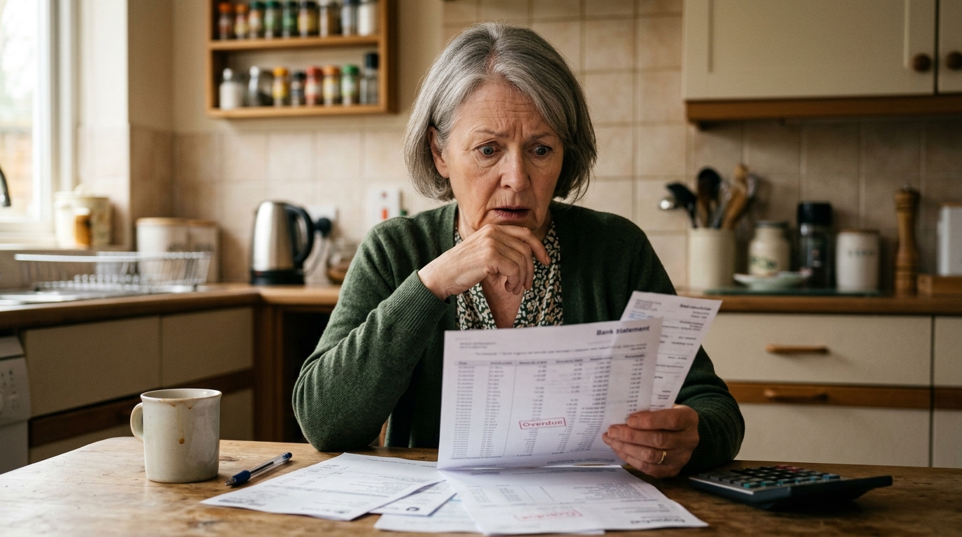Femme senior inquiète face à ses factures et relevés