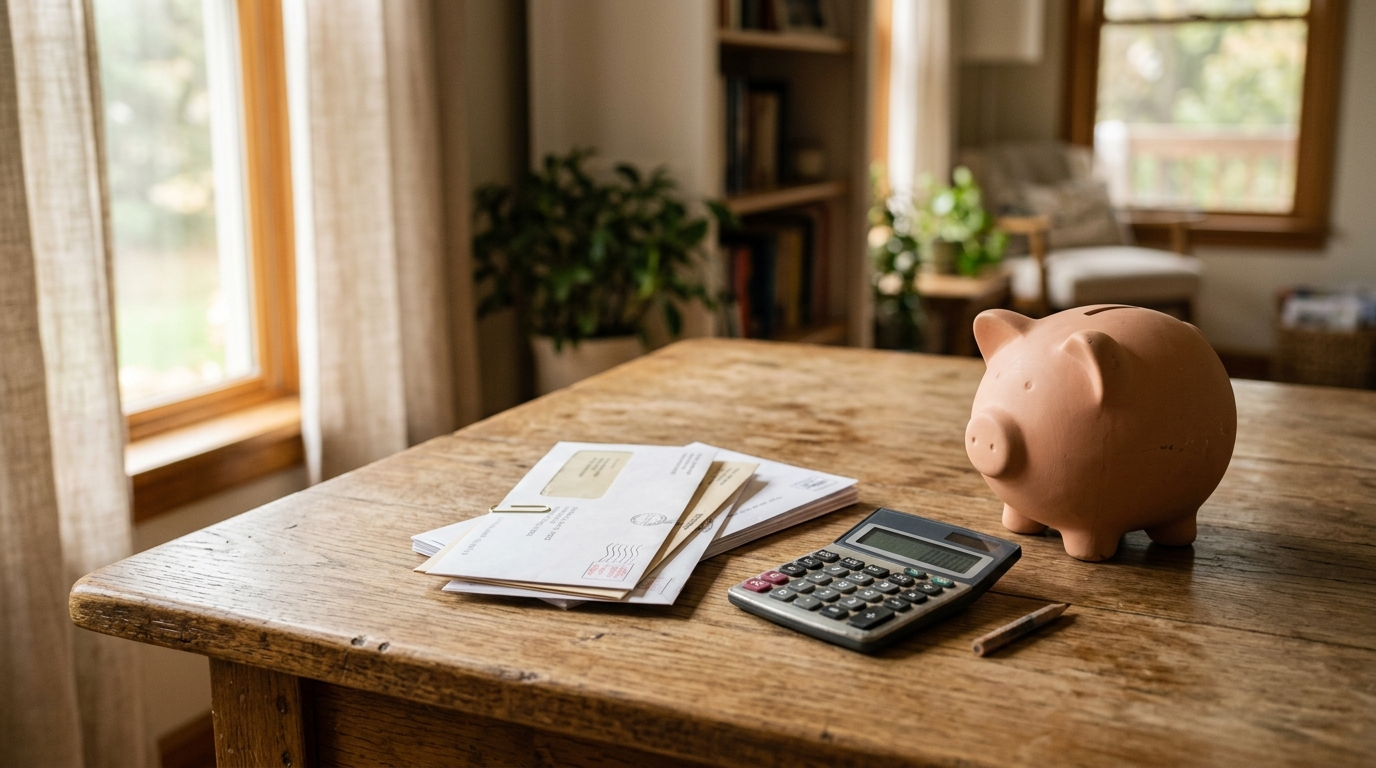 Factures, calculatrice et tirelire sur une table