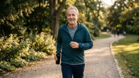 Senior souriant marchant sur un chemin ensoleillé