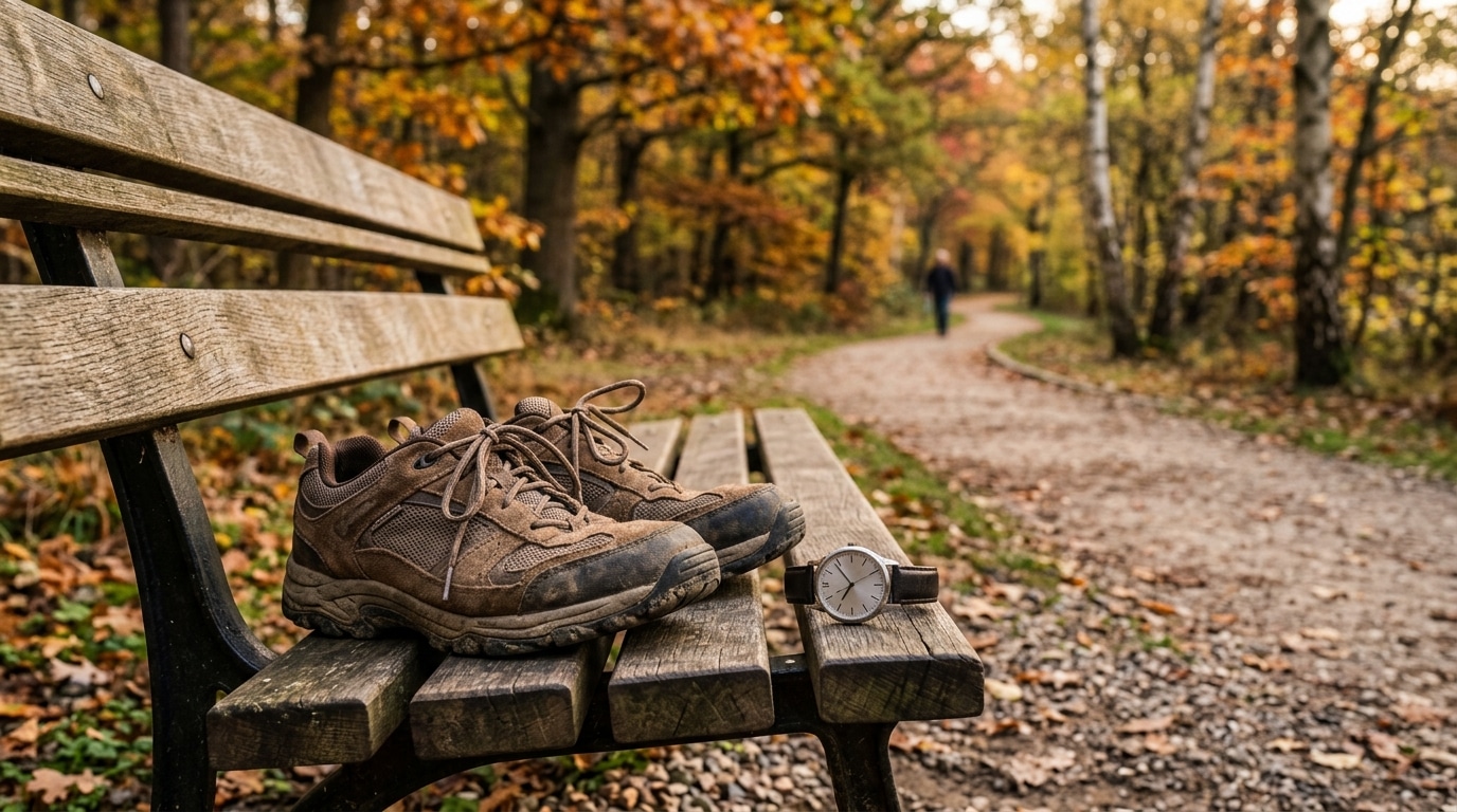 Chaussures de marche posées sur un banc de parc
