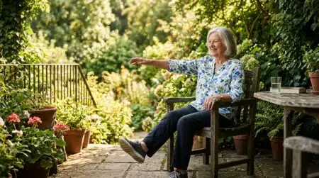 Femme senior faisant un exercice d'équilibre assise en terrasse