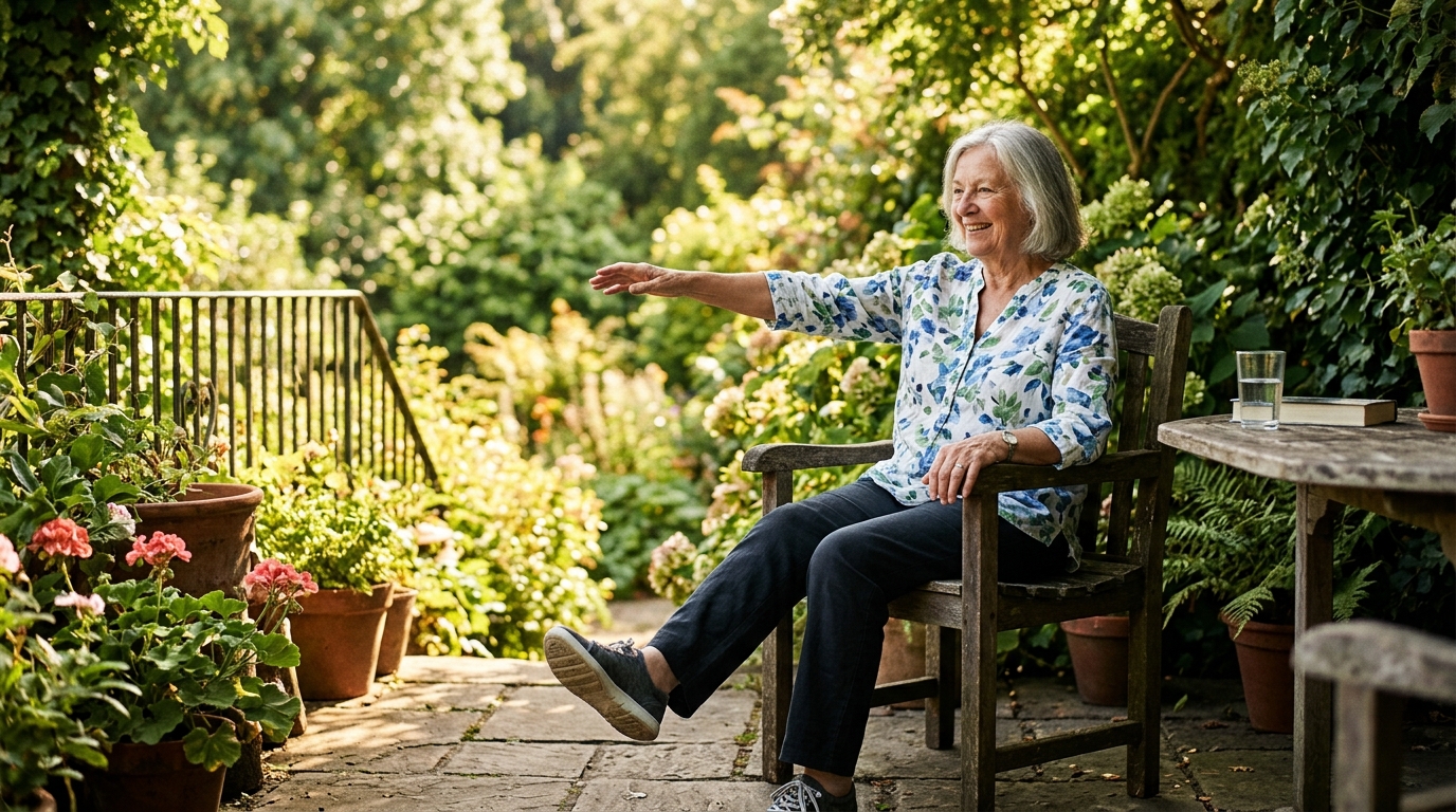 Femme senior faisant un exercice d'équilibre assise en terrasse