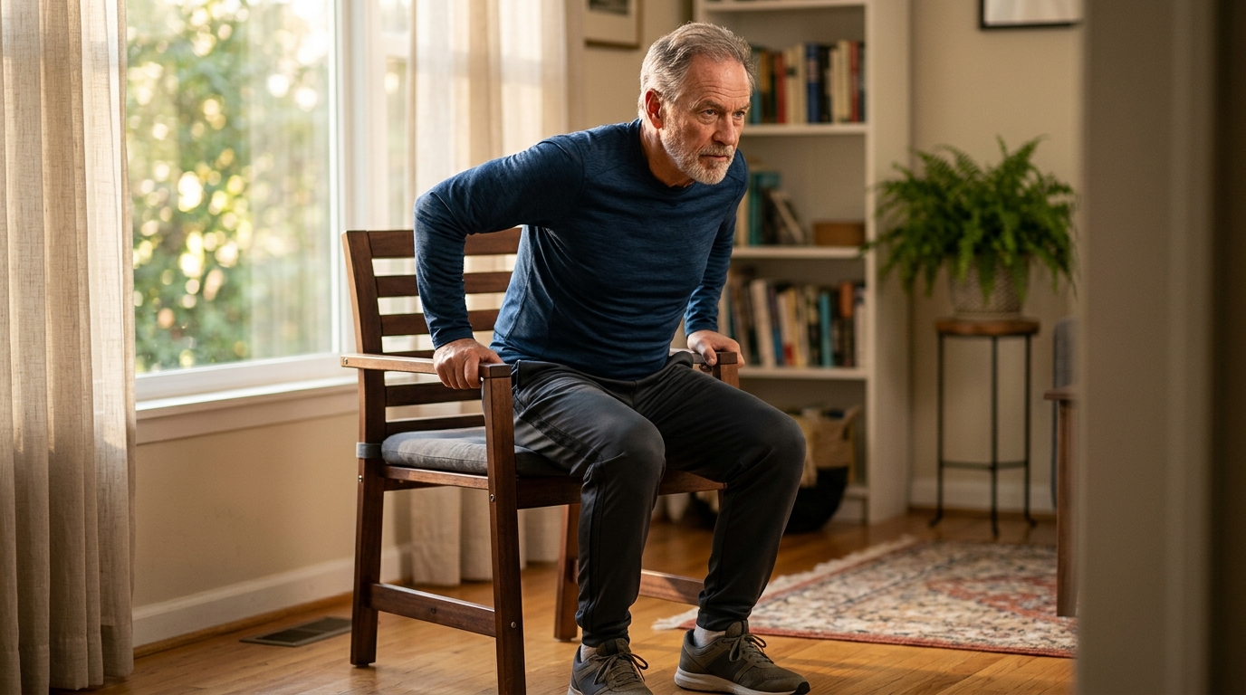 Homme senior réalisant l'exercice du lever-assis contrôlé