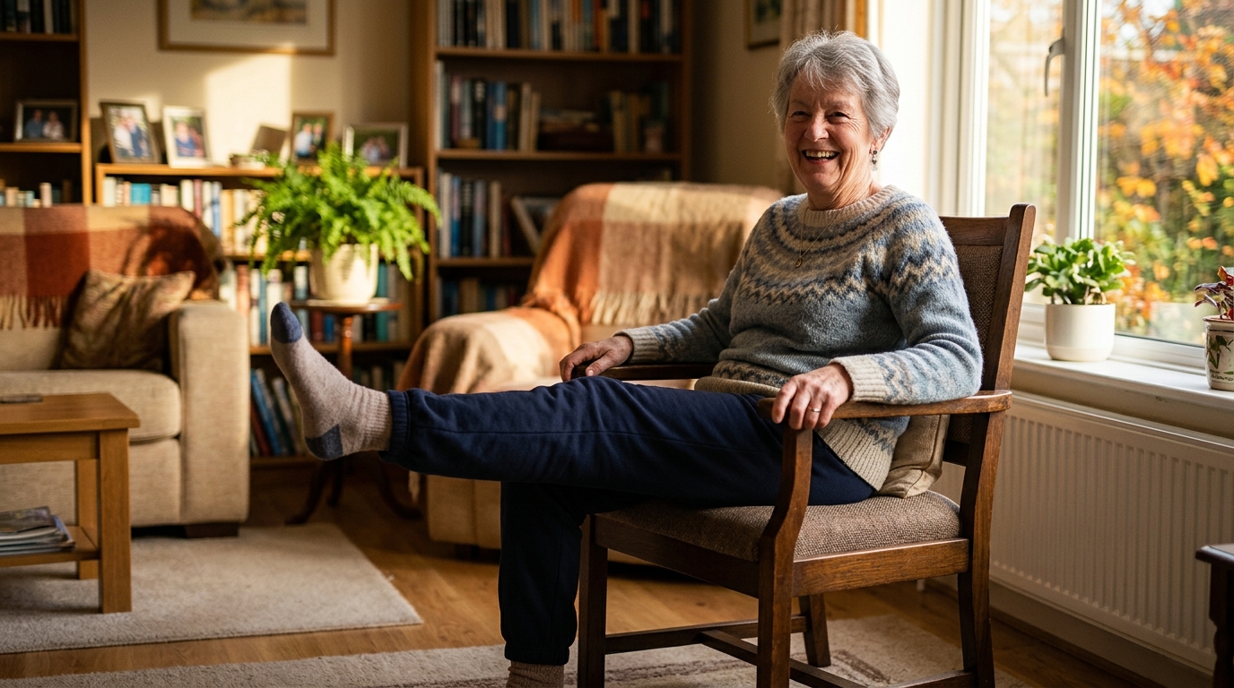 Femme senior effectuant l'exercice du pied levé sur chaise