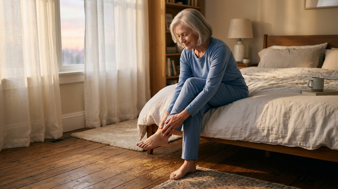 Femme âgée assise au bord du lit étirant la cheville