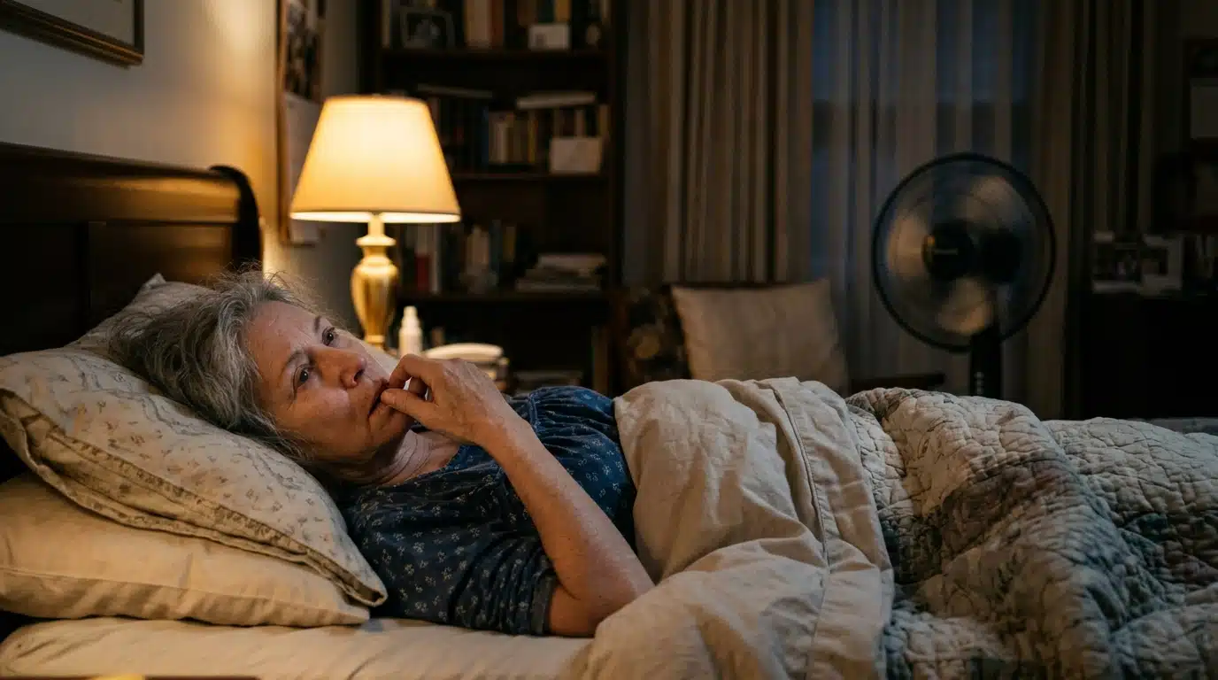 Femme senior allongée la nuit près d'un ventilateur