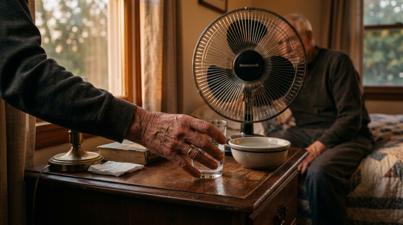 Bol d'eau et verre devant un ventilateur la nuit