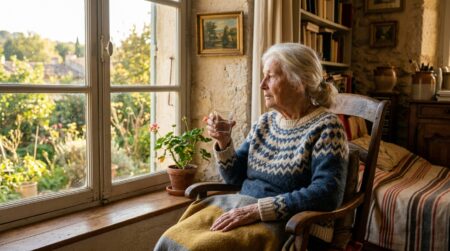 Femme âgée buvant un verre d'eau près d'une fenêtre