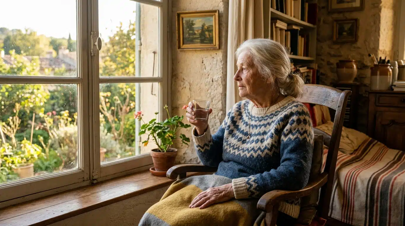 Femme âgée buvant un verre d'eau près d'une fenêtre