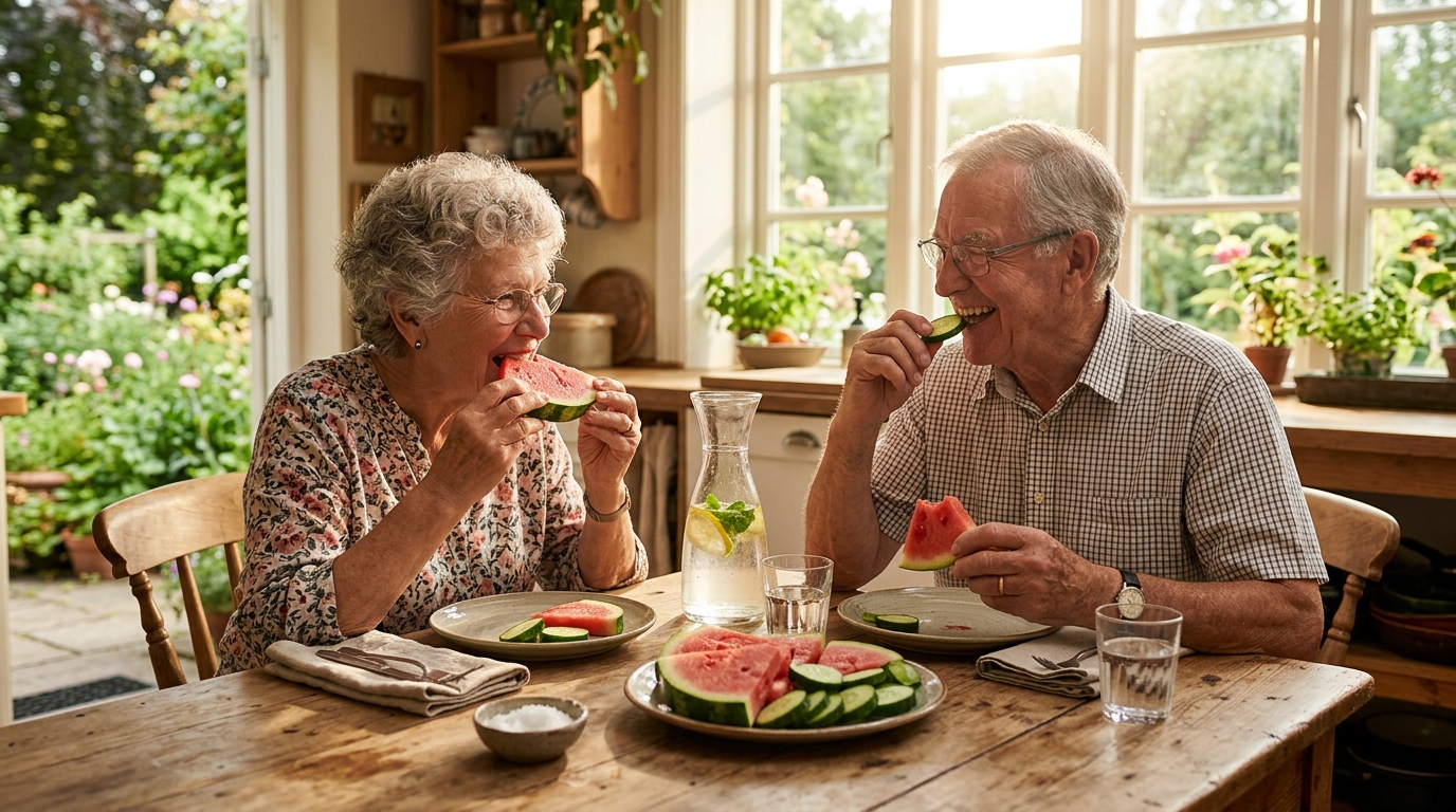 Couple senior mangeant des aliments riches en eau