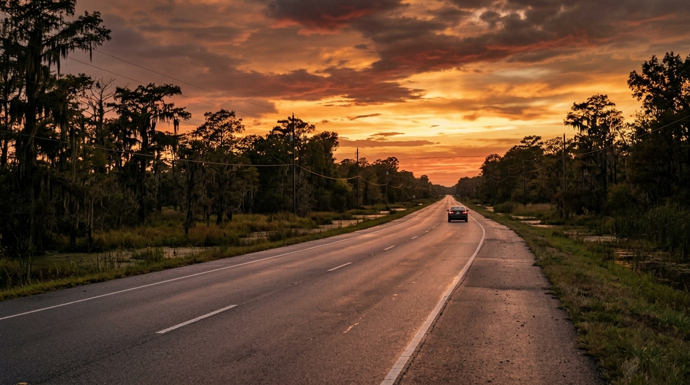 Route déserte en Louisiane au coucher du soleil
