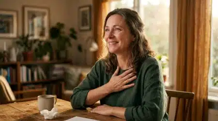 Femme souriante soulagée dans une lumière dorée