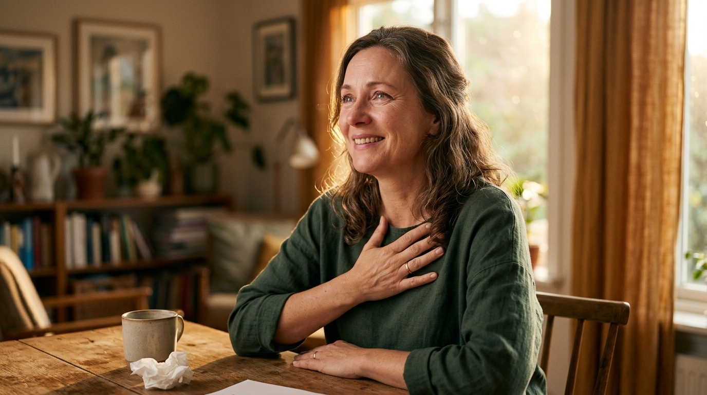 Femme souriante soulagée dans une lumière dorée