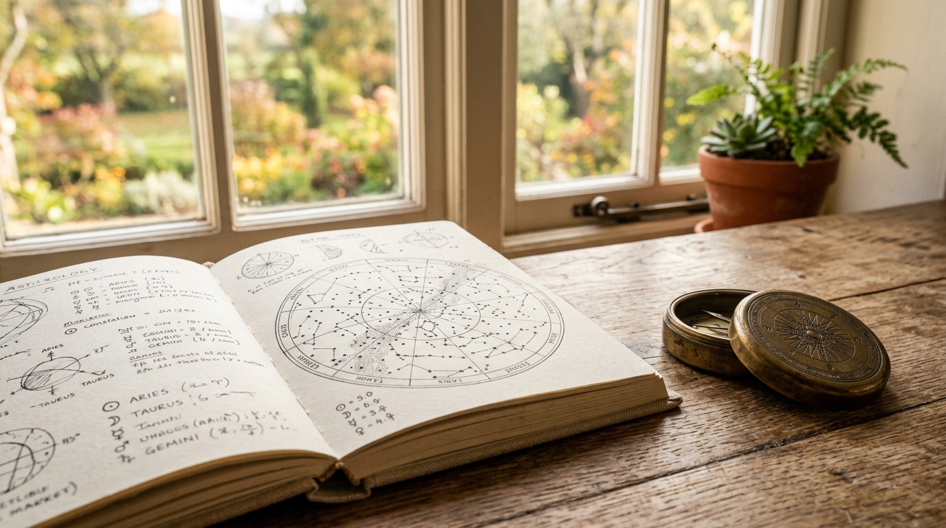 Carnet d'astrologie et boussole sur table en bois