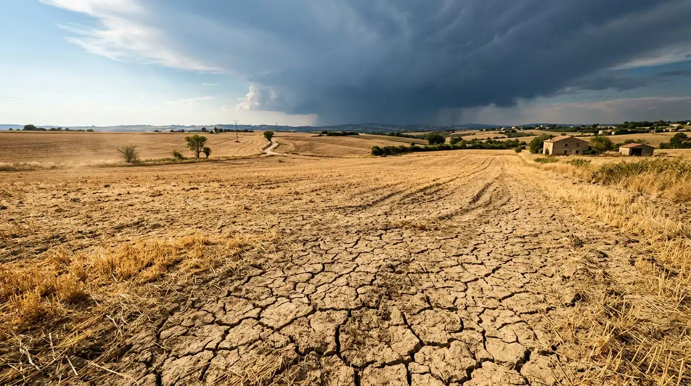 Champ asséché avec nuage de pluie à l'horizon