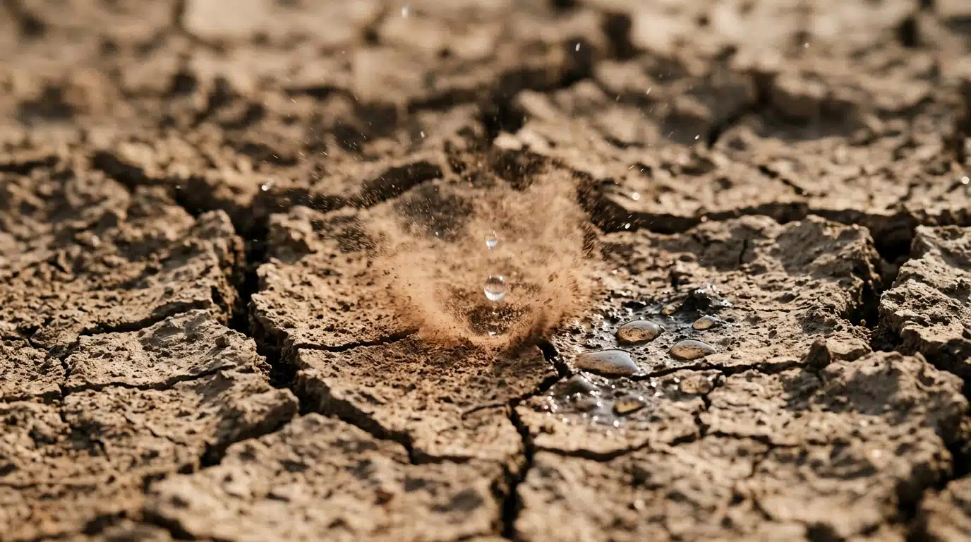 Gouttes de pluie tombant sur terre craquelée