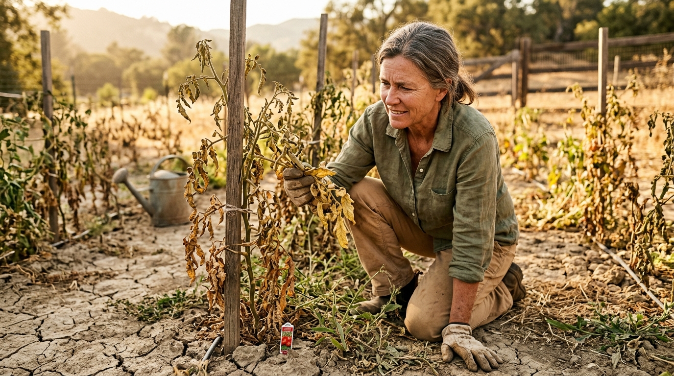 Jardinier examinant des plants de tomates brûlés par la chaleur