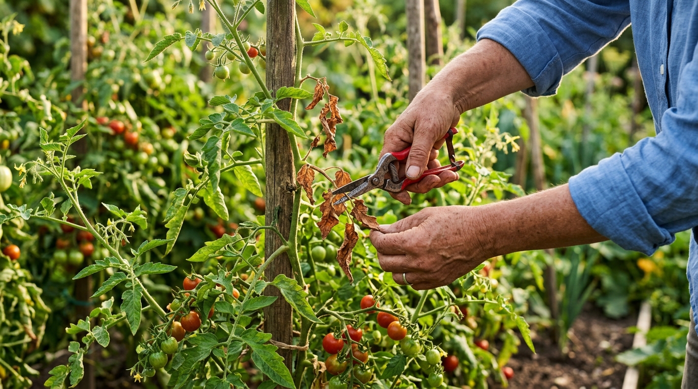 Taille des feuilles brûlées sur un plant de tomate