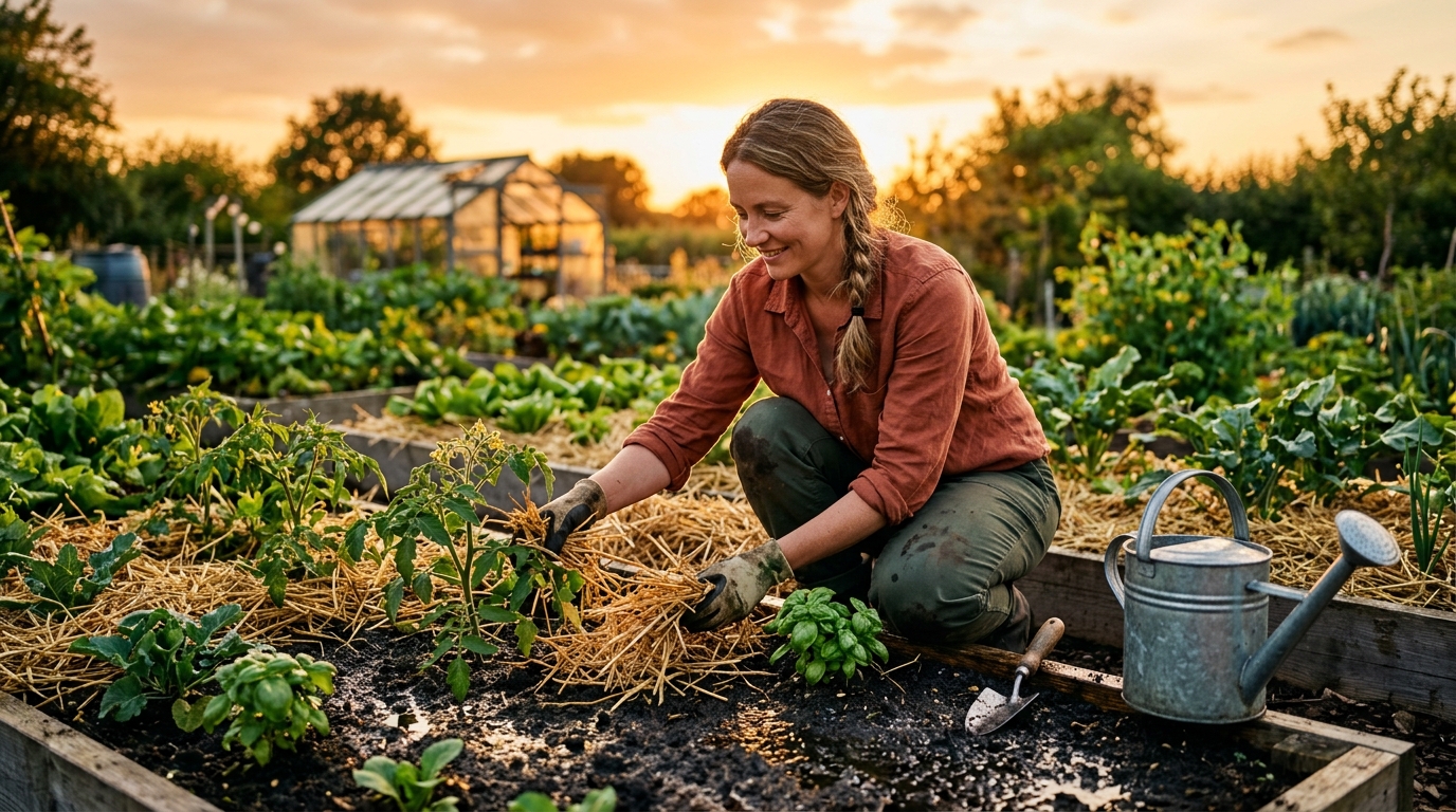Paillage d'un potager avec de la paille au coucher du soleil