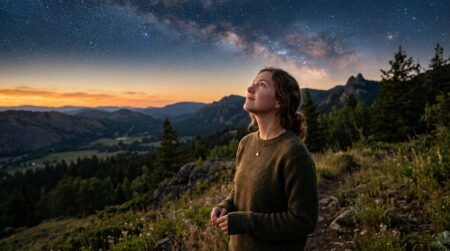 Femme regardant le ciel étoilé au coucher du soleil