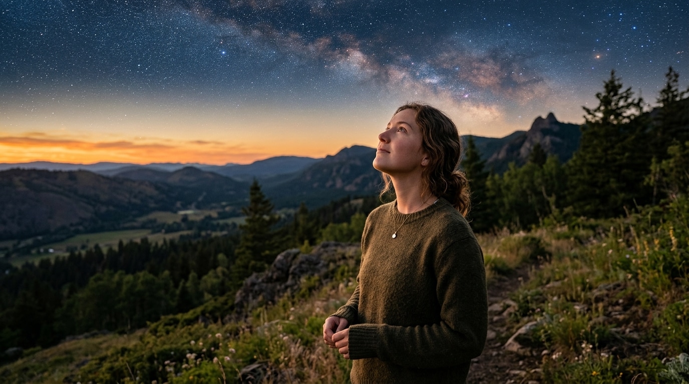 Femme regardant le ciel étoilé au coucher du soleil
