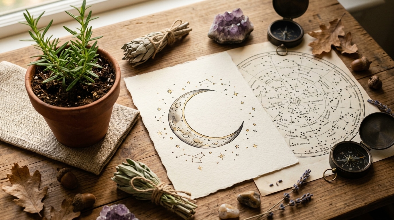 Composition astrologique avec lune et cartes du ciel
