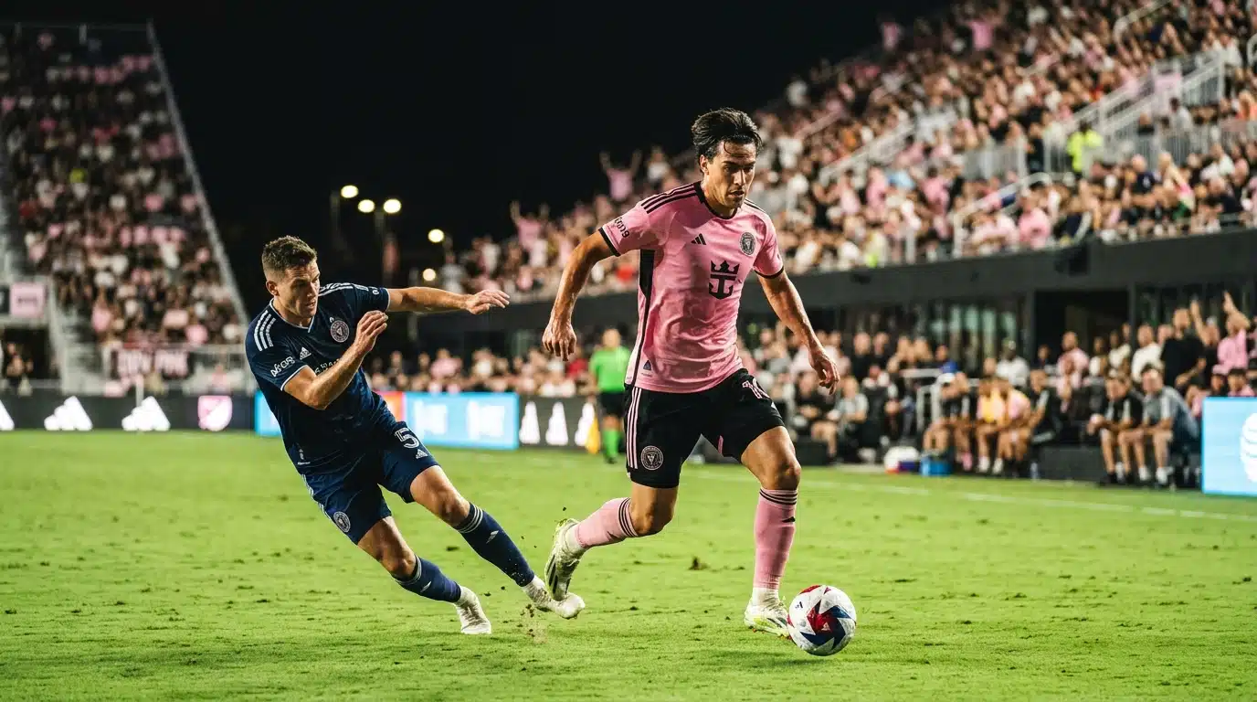 Joueur de l'Inter Miami dribblant un défenseur sur le terrain