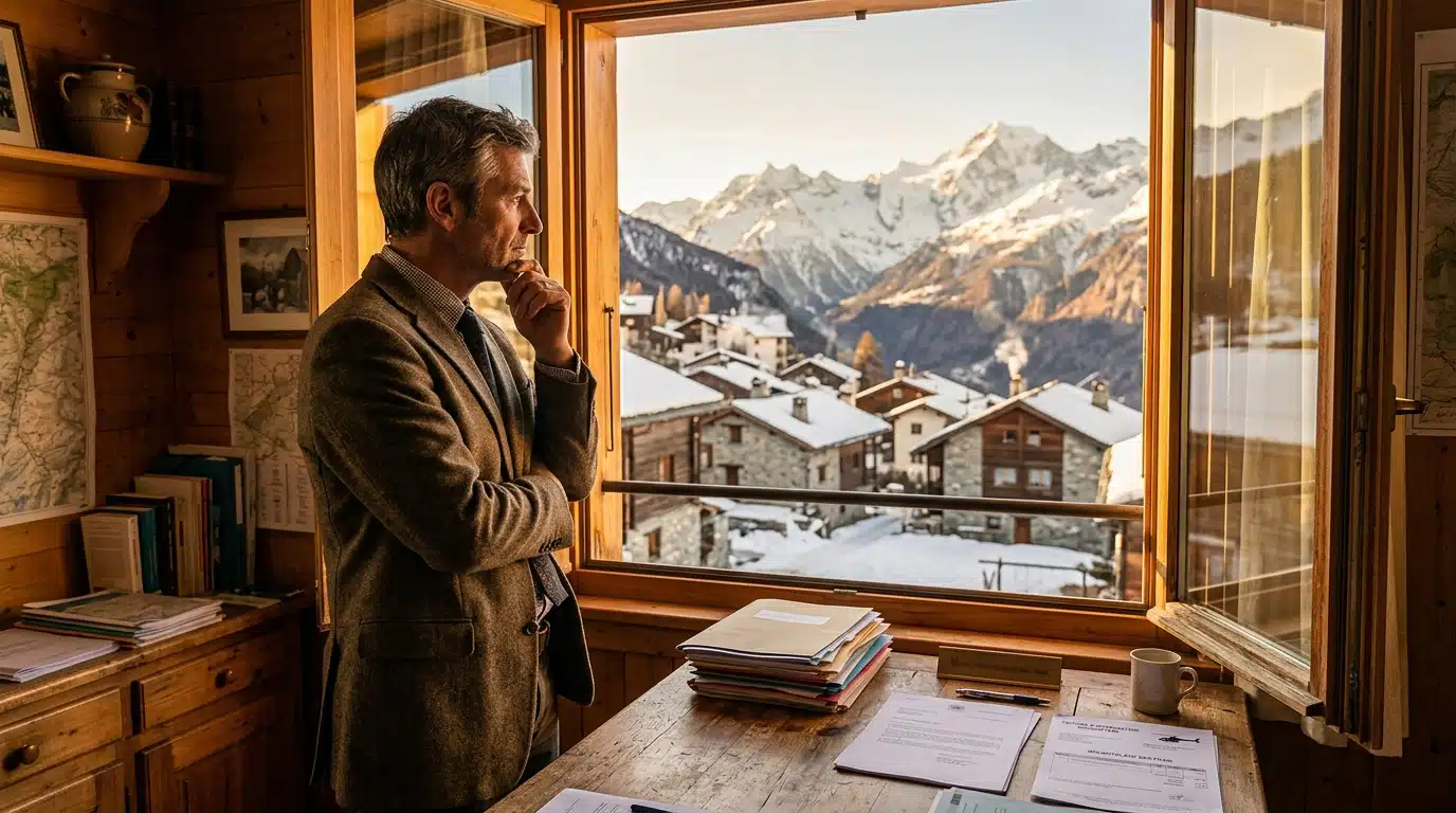 Maire de montagne consultant une facture de secours héliporté