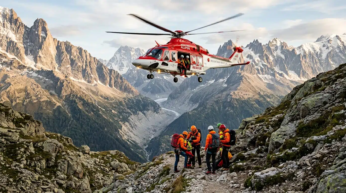 Hélicoptère de secours survolant des randonneurs en montagne