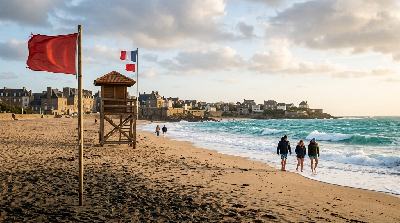 Plage française avec drapeau rouge et poste de secours