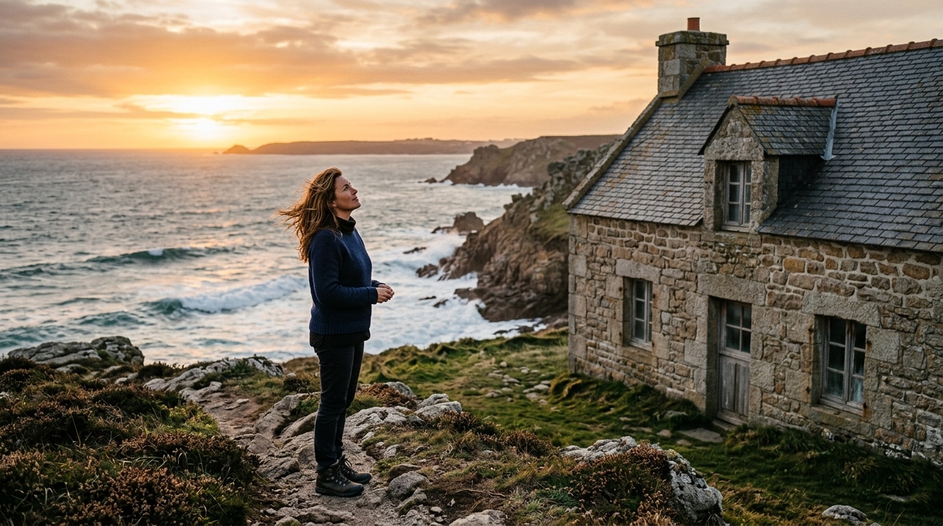 Maison de gardien de phare en Bretagne au coucher du soleil