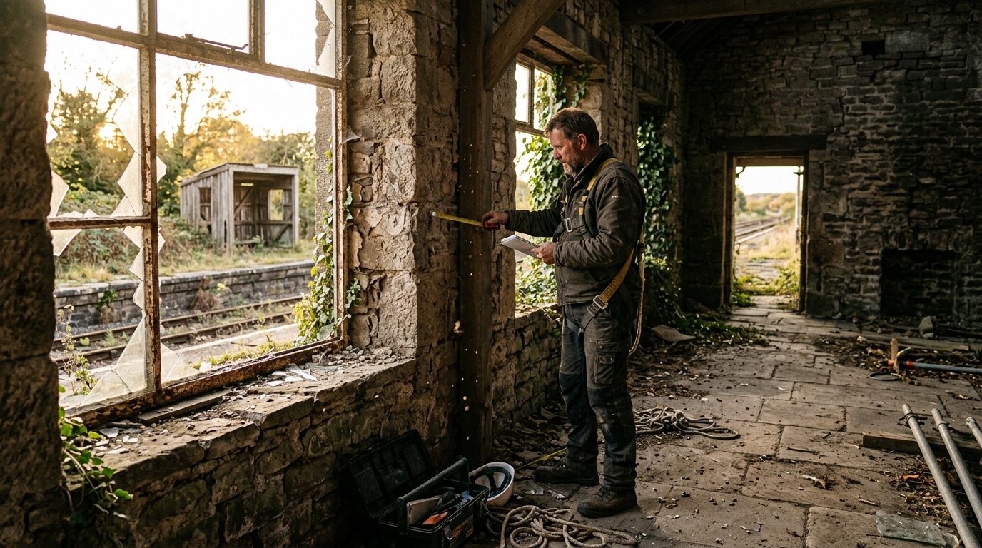 Intérieur d'une ancienne gare de campagne à rénover
