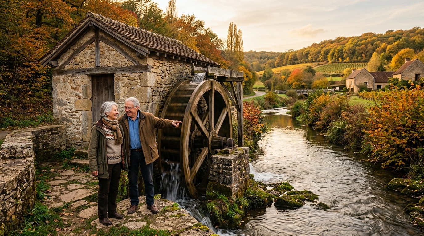 Couple devant un moulin à eau en pierre à la campagne