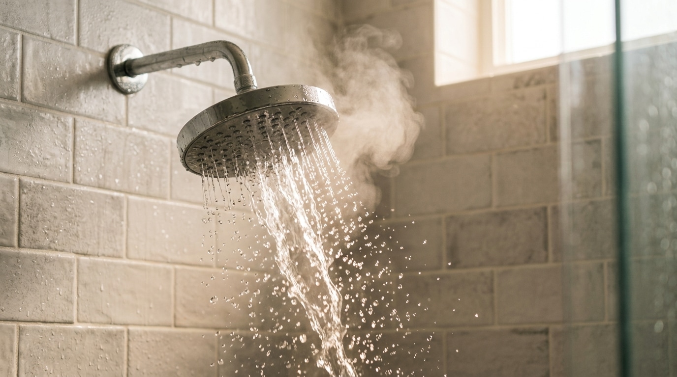 Pommeau de douche avec eau tiède qui coule