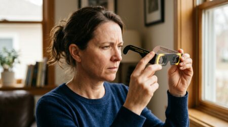 Personne inspecte des lunettes d'éclipse à la lumière