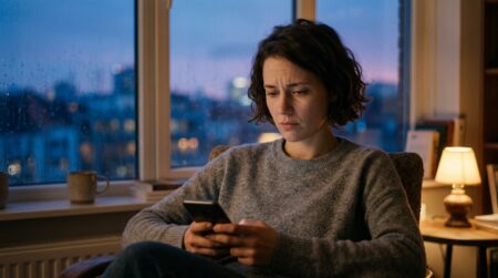 Femme pensive regardant son téléphone au crépuscule