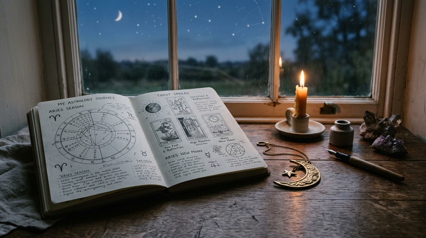 Carnet d'astrologie et croissant de lune sur bureau