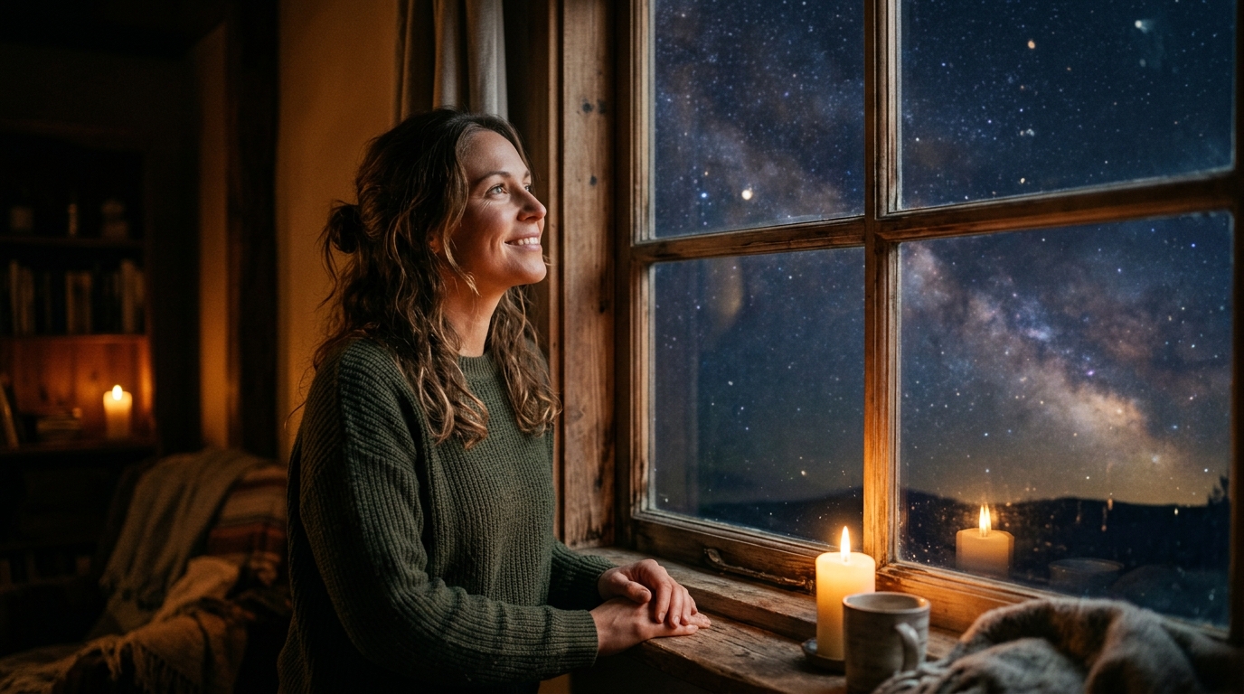 Femme souriante contemplant un ciel étoilé à la fenêtre