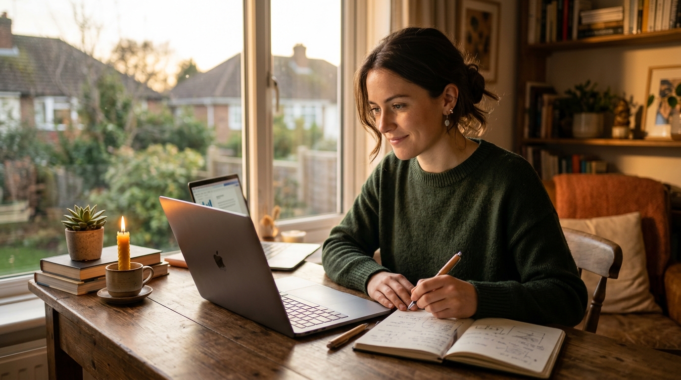 Femme concentrée travaillant à son bureau en fin d'après-midi
