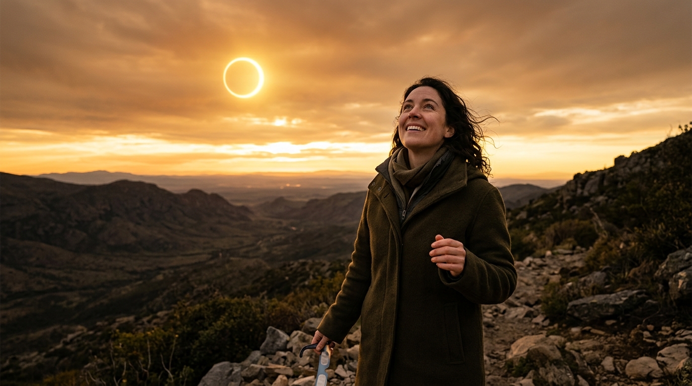 Femme regardant une éclipse solaire dorée au lever du jour