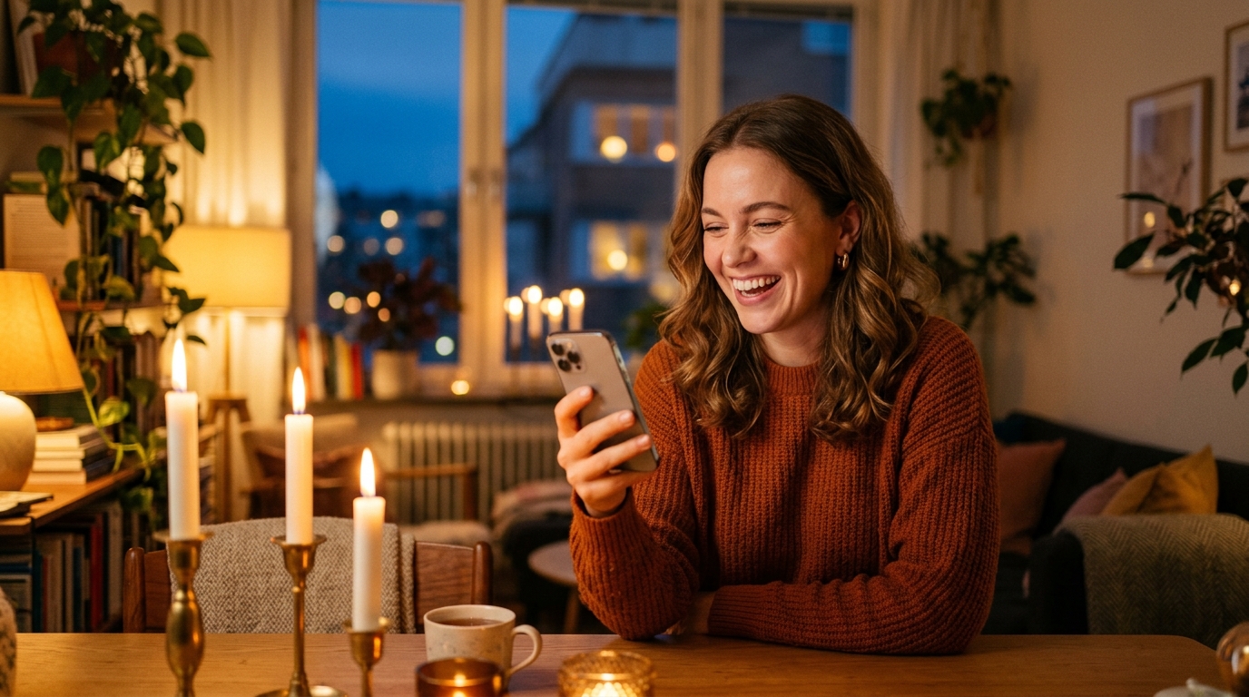 Femme souriante recevant une bonne nouvelle en lumière dorée