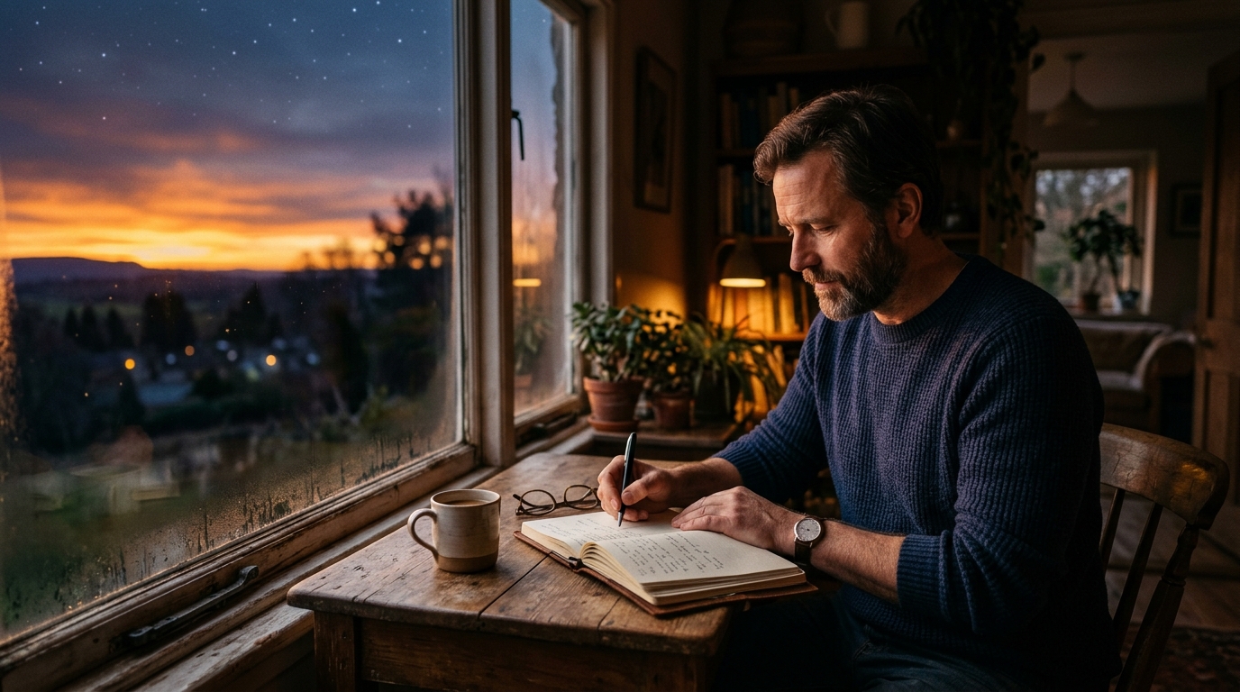 Homme écrivant dans un carnet au coucher du soleil