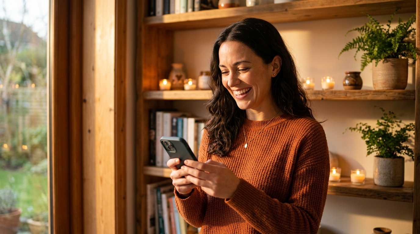 Femme souriante recevant une bonne nouvelle financière