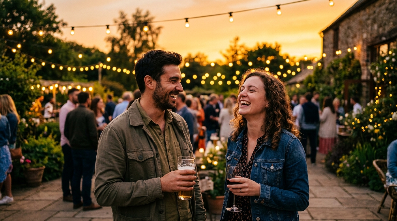 Rencontre chaleureuse entre deux personnes lors d'une soirée