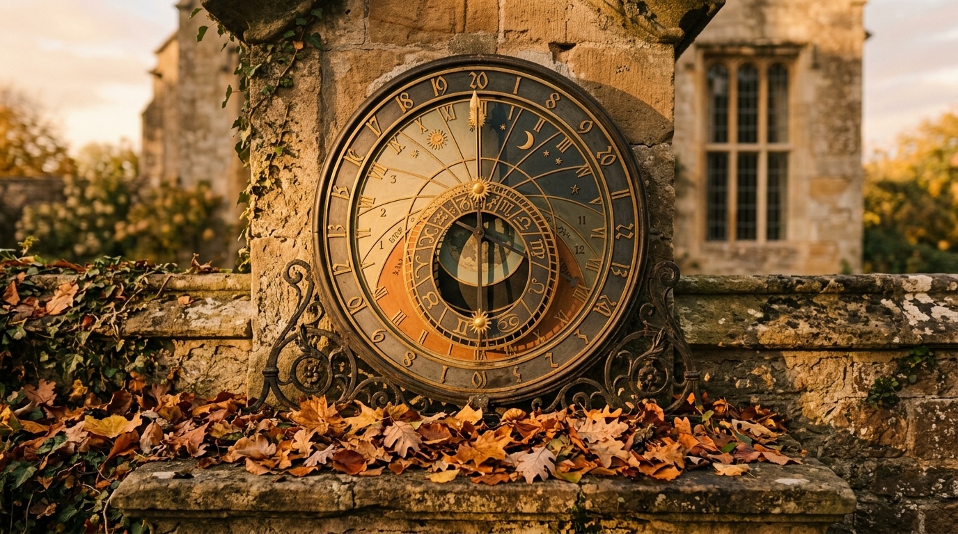 Cadran solaire entouré de feuilles d'automne au crépuscule