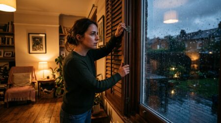 Femme fermant une fenêtre au crépuscule après un orage