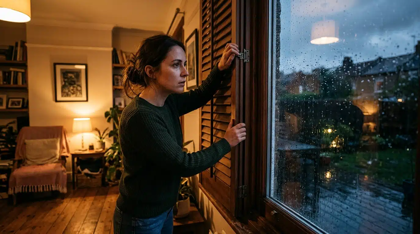 Femme fermant une fenêtre au crépuscule après un orage