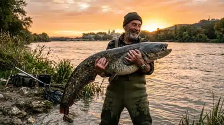 Pêcheur tenant un énorme silure au bord du Rhône